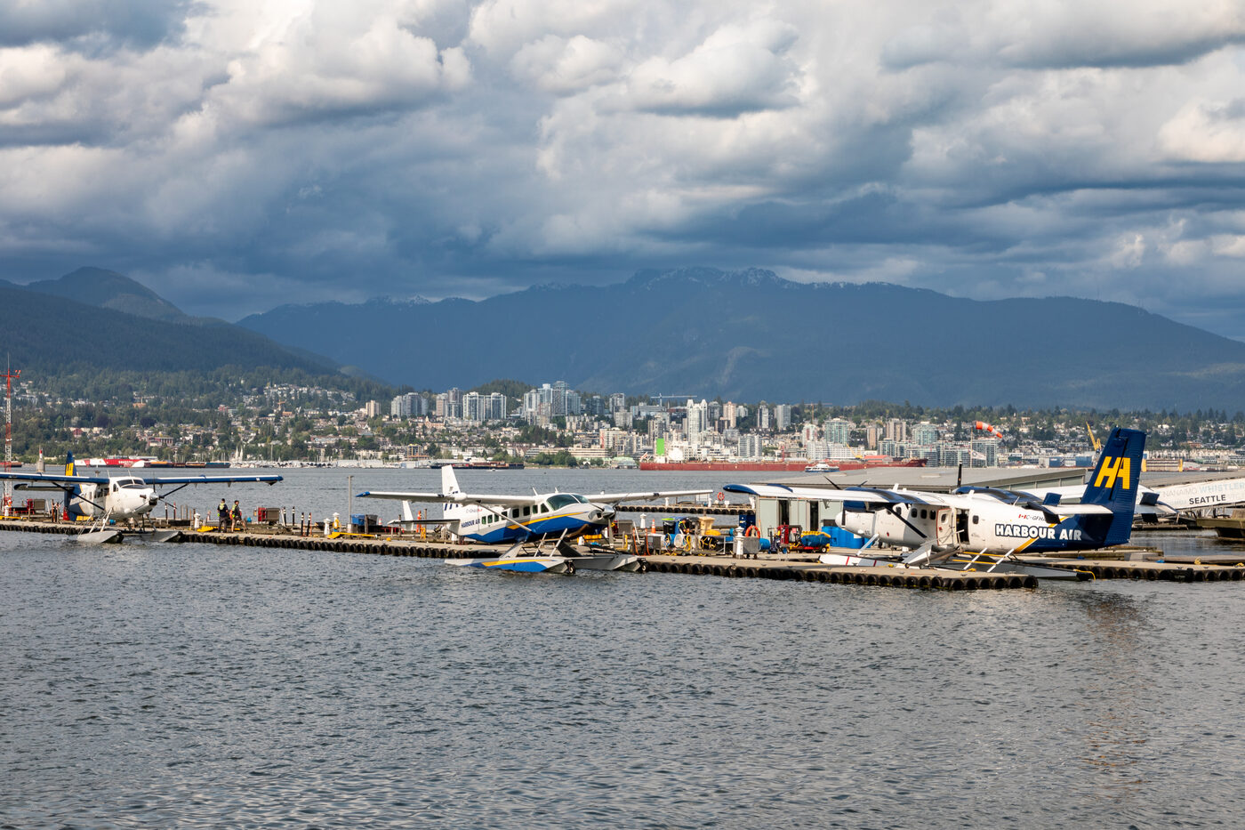 Seaplanes at a dock on Burrard Inlet